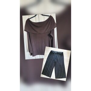Chico's Travelers 3 Wide Leg Crop Pants & Wide Shoulder Top Brown Blck‎ XL 2 Pcs